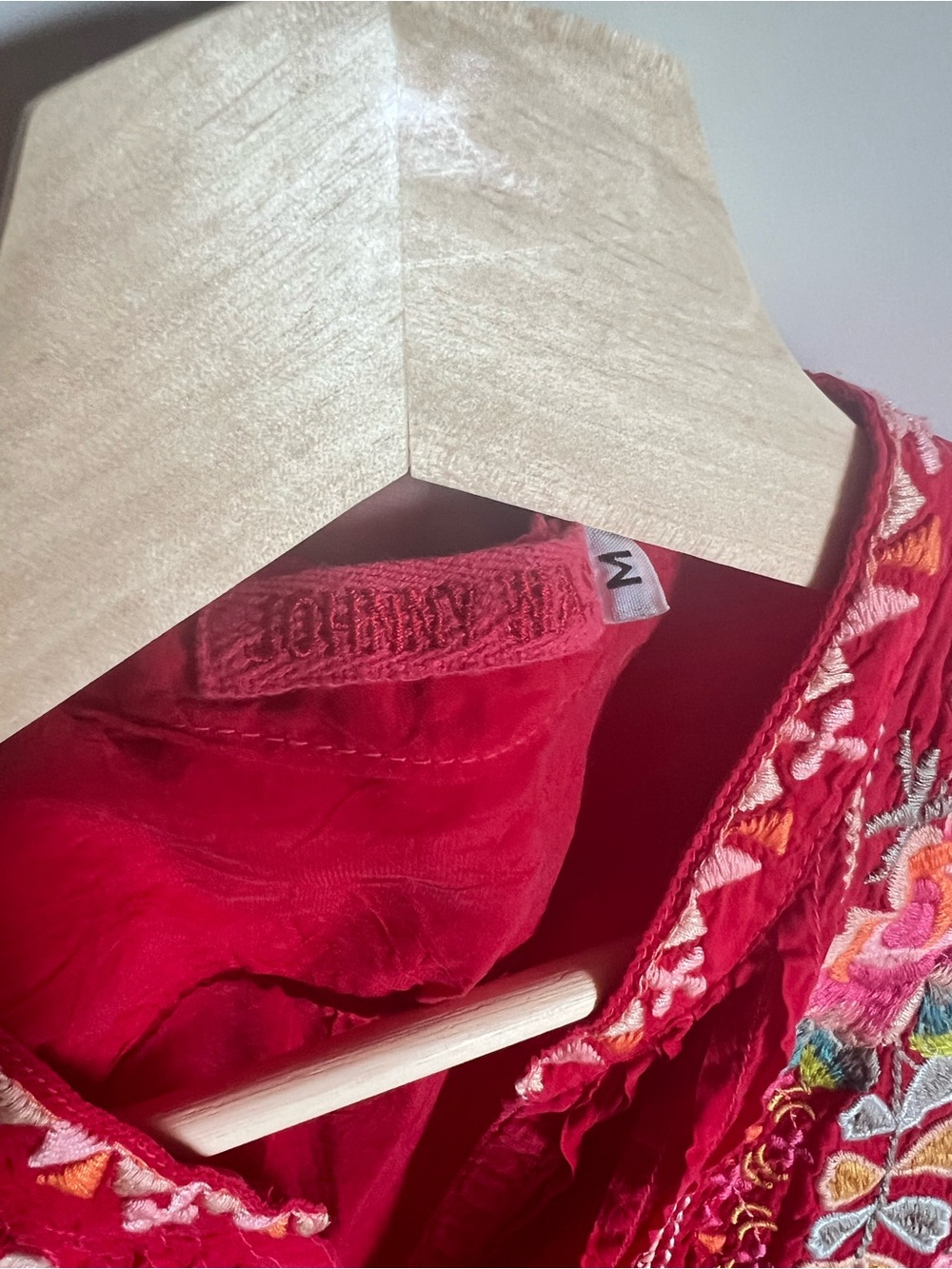 Johnny Was Red Embroidered Button Neck Tunic Blouse - Picture 8 of 13